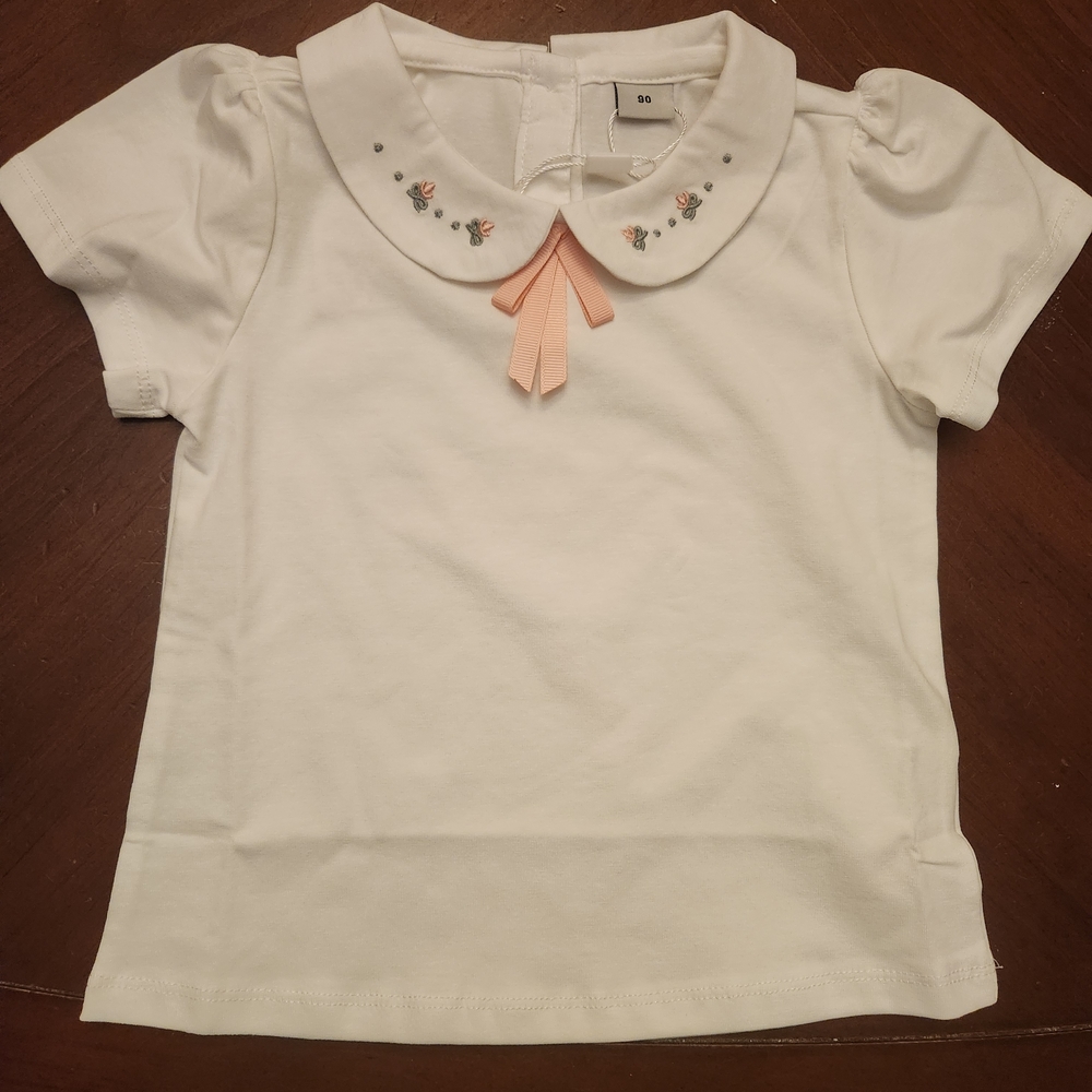 Girls White Peter Pan Collar Tee with Pink Bow